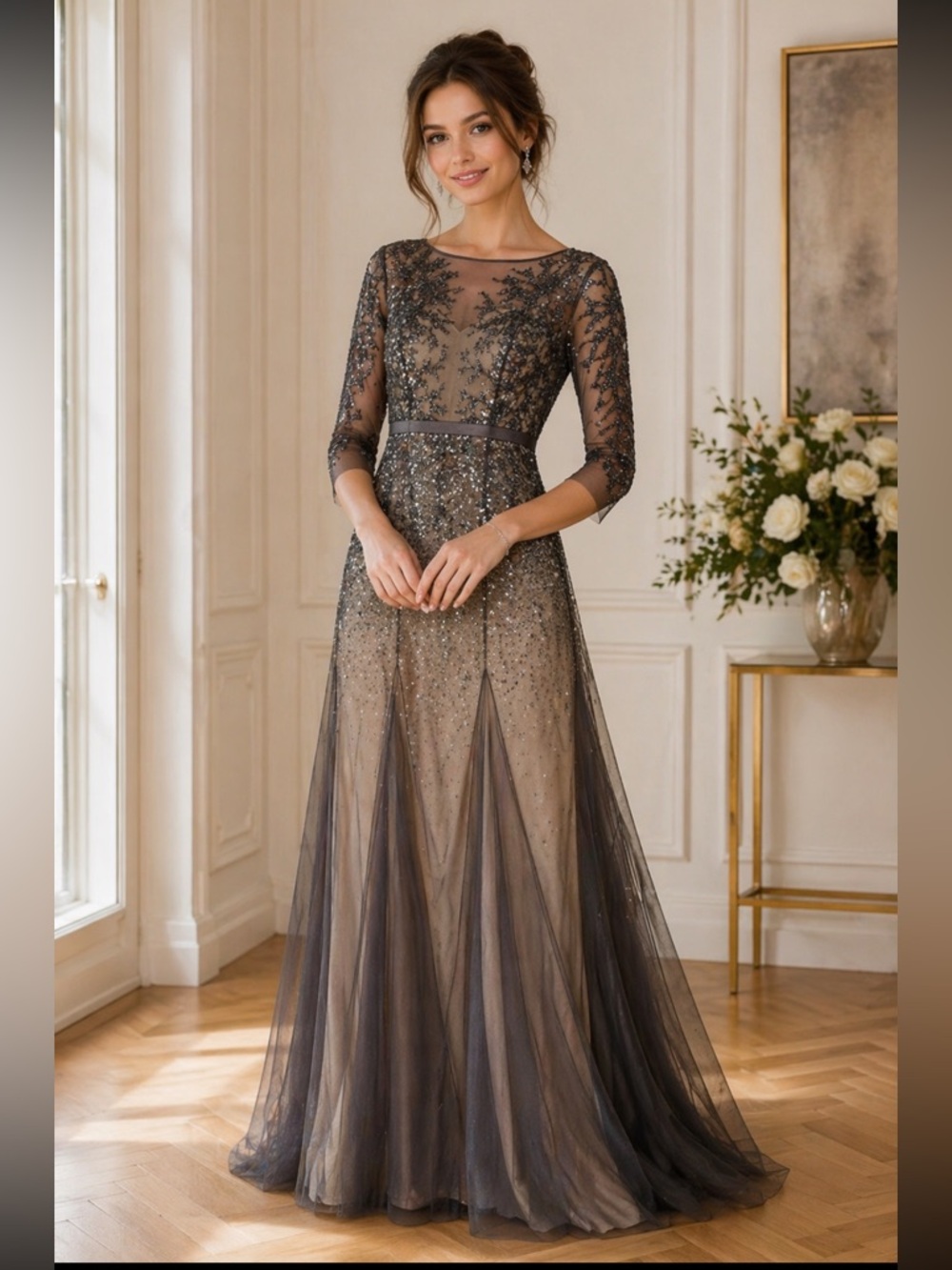 Adrianna Papell 3/4 sleeves beaded long gown
